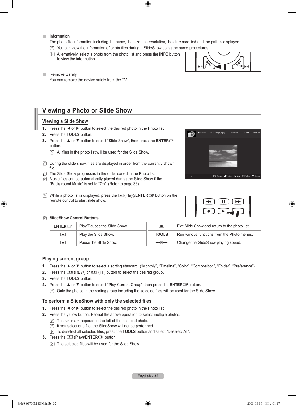 Viewing a photo or slide show, Viewing a slide show, Playing current group | Samsung BN68-01700M-00 User Manual | Page 34 / 60