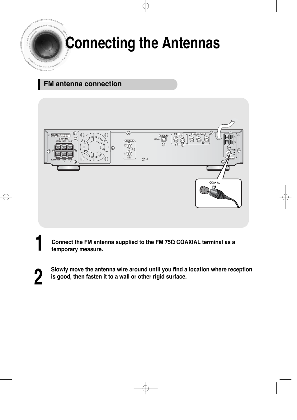 Connecting the antennas, Connecting the antennas 17 | Samsung HT-DS100 User Manual | Page 18 / 66