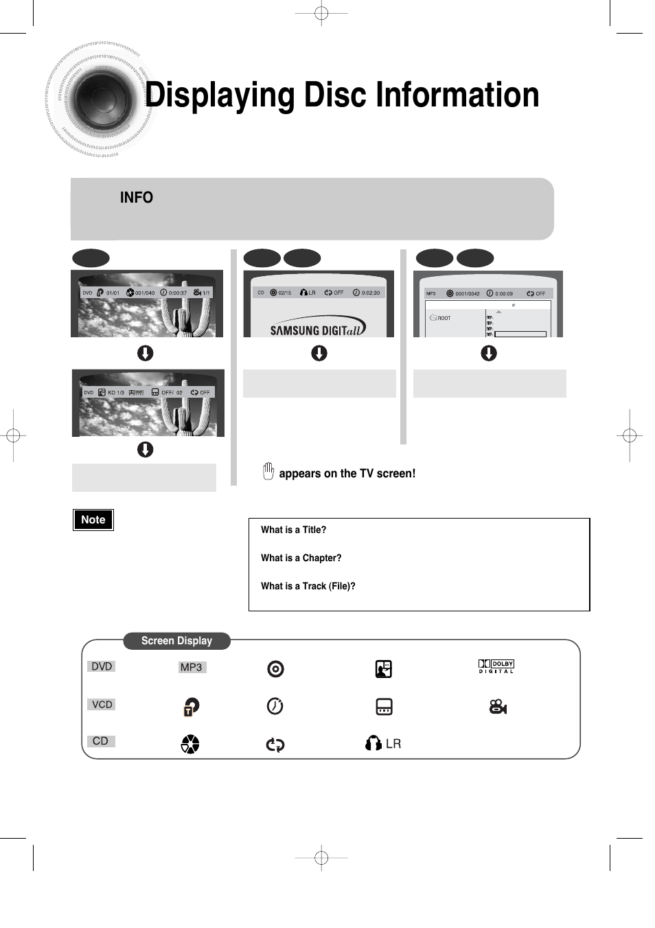 Displaying disc information, Press info button | Samsung HT-DS100 User Manual | Page 24 / 66