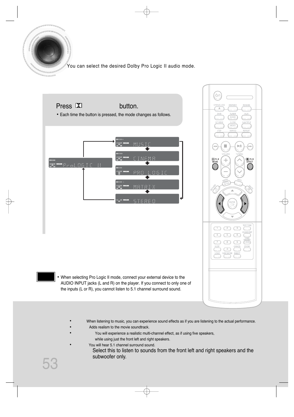 Dolby pro logic ii mode, 53 dolby pro logic ii mode, Press pl ii mode button | Samsung HT-DS100 User Manual | Page 54 / 66