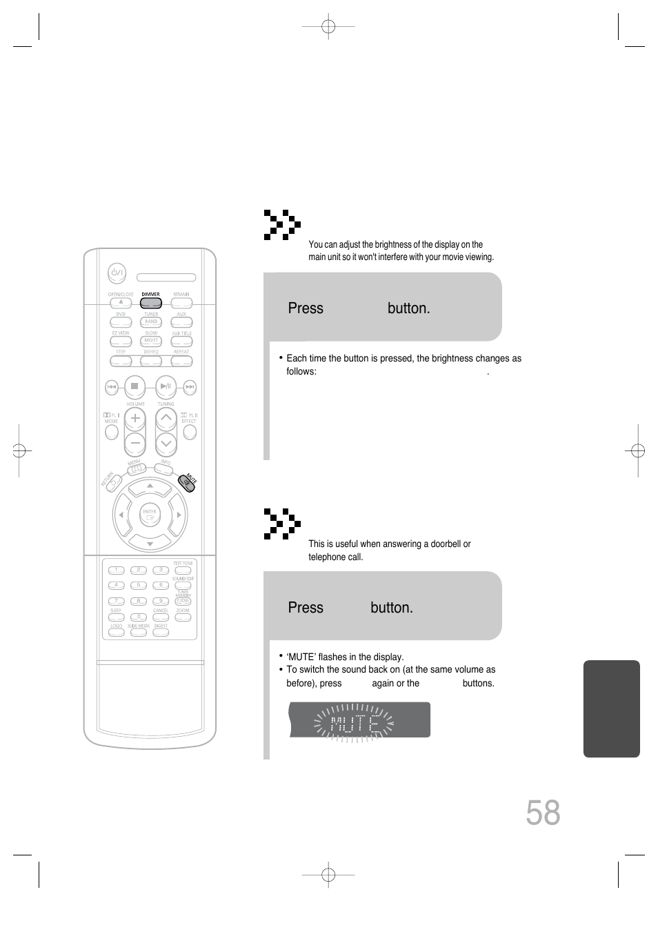 Adjusting display brightness, Mute function, Press dimmer button | Press mute button | Samsung HT-DS100 User Manual | Page 59 / 66