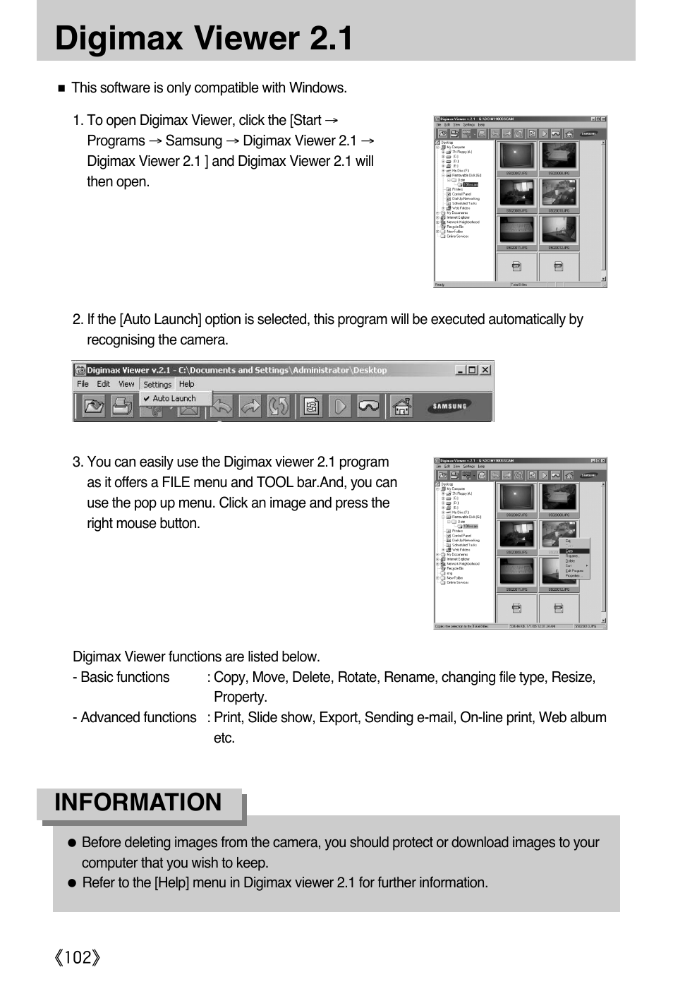 Digimax viewer 2.1, Information | Samsung A502 User Manual | Page 102 / 108