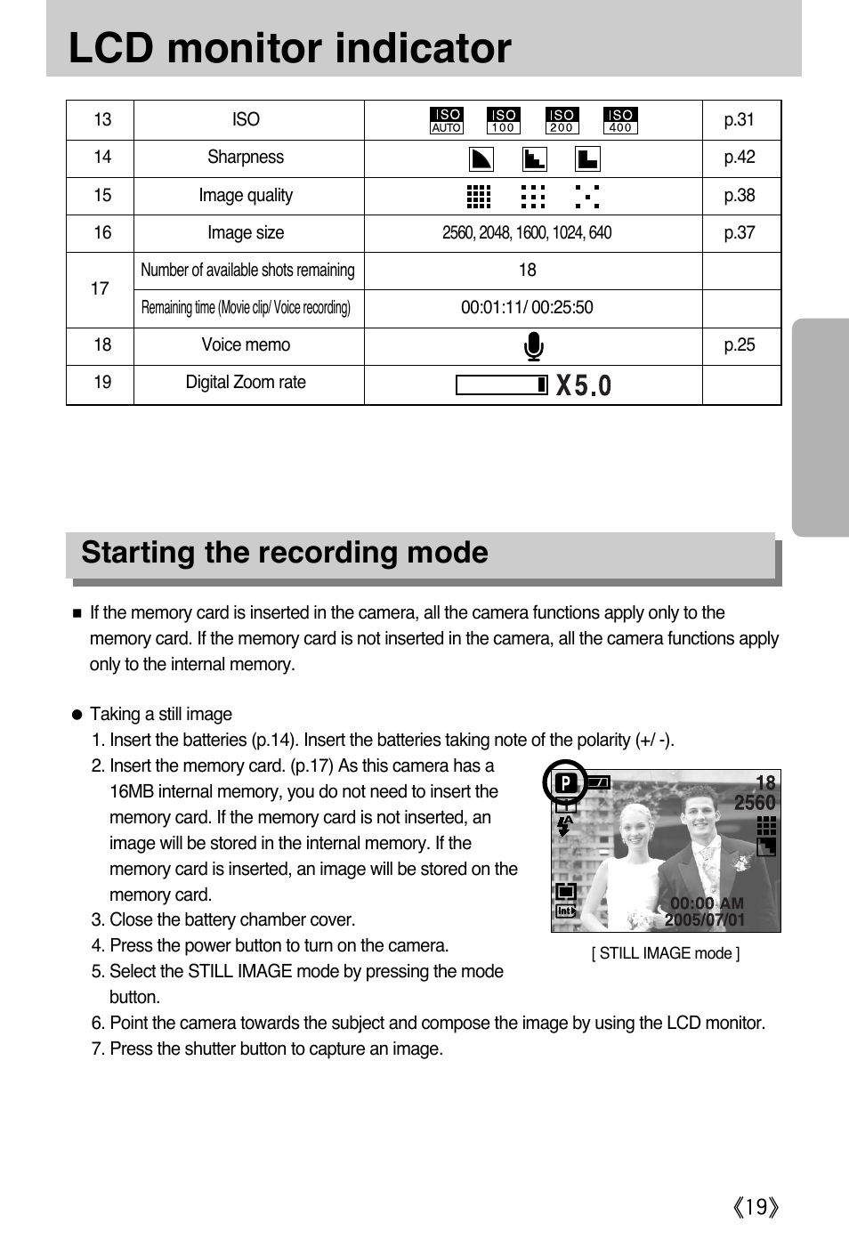 Lcd monitor indicator, Starting the recording mode | Samsung A502 User Manual | Page 19 / 108