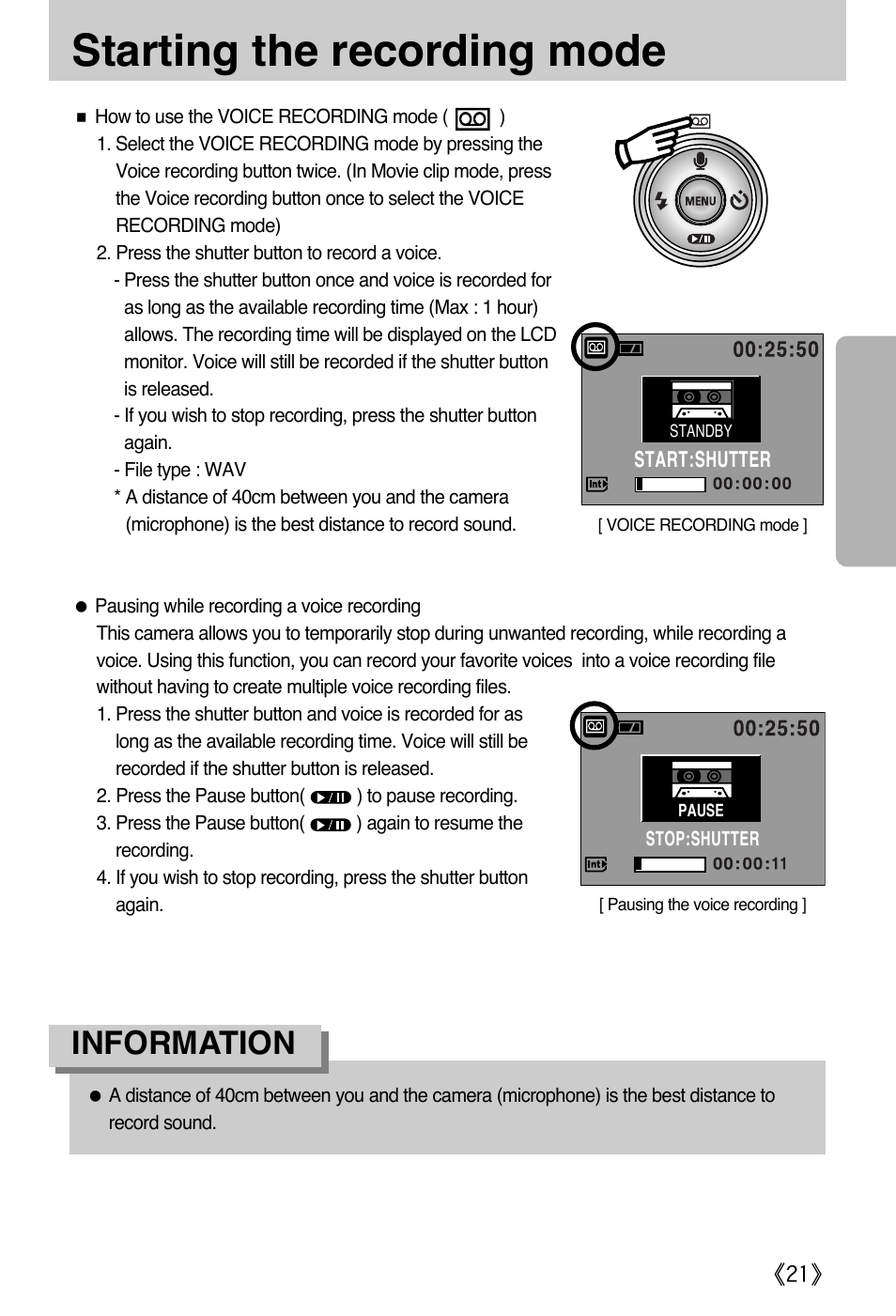 Starting the recording mode, Information | Samsung A502 User Manual | Page 21 / 108