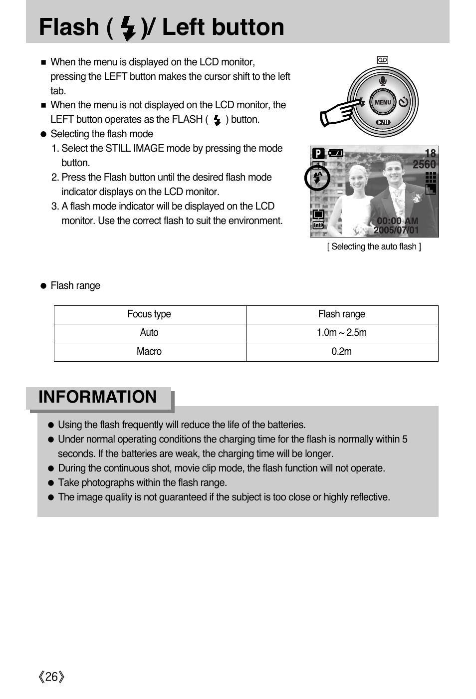 Flash ( )/ left button, Information | Samsung A502 User Manual | Page 26 / 108