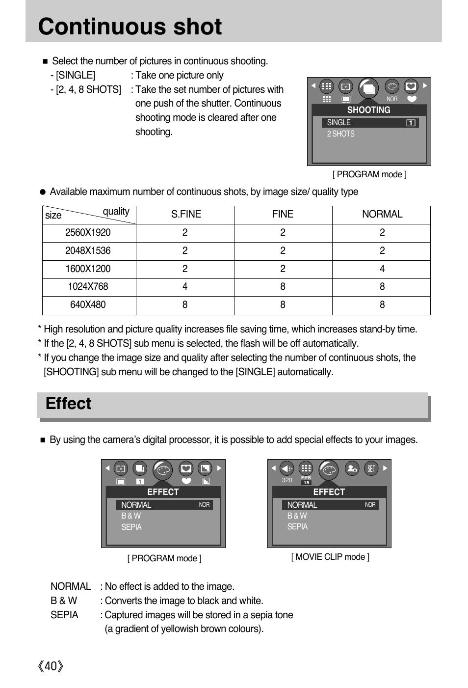 Continuous shot, Effect | Samsung A502 User Manual | Page 40 / 108