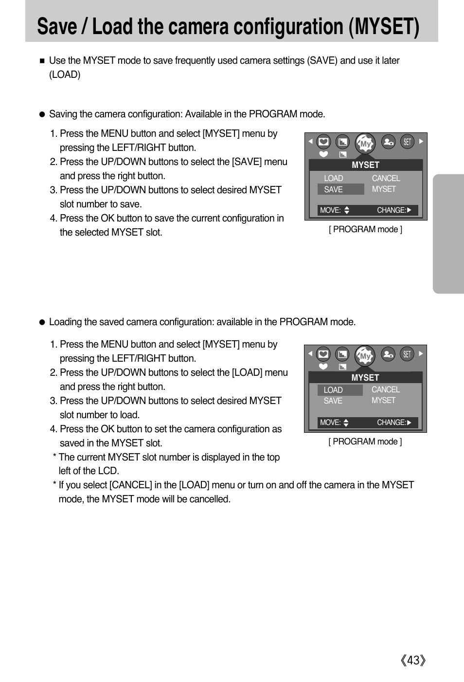Save / load the camera configuration (myset) | Samsung A502 User Manual | Page 43 / 108
