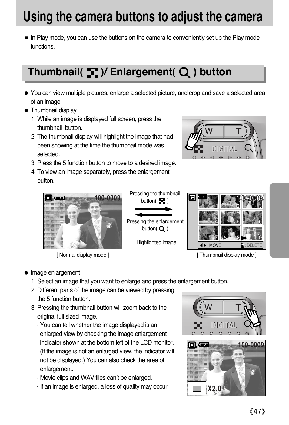 Using the camera buttons to adjust the camera, Thumbnail( )/ enlargement( ) button | Samsung A502 User Manual | Page 47 / 108
