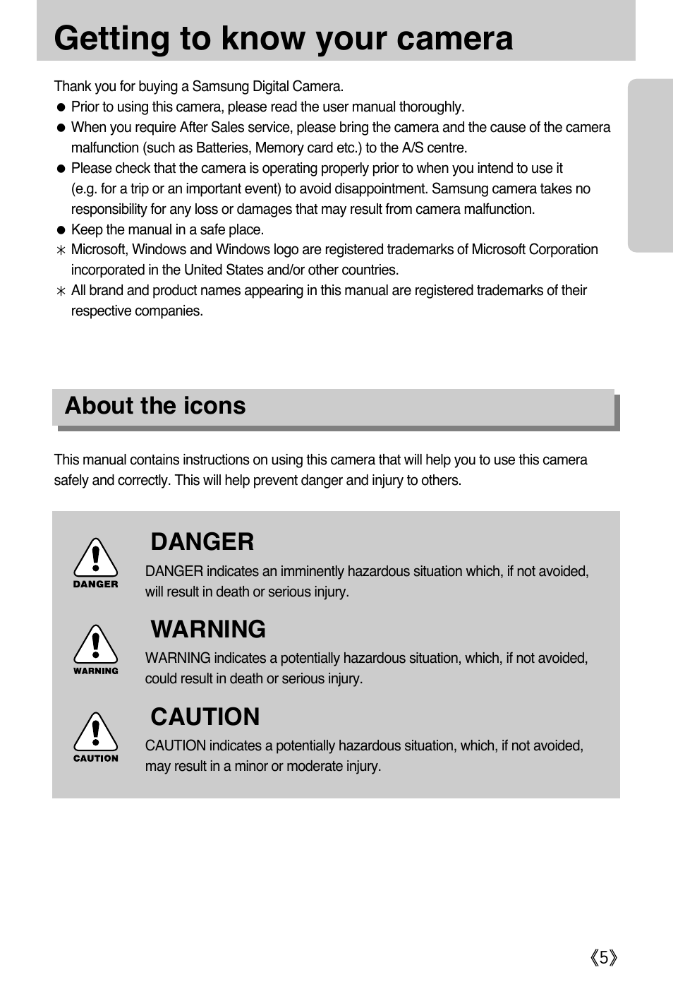 Getting to know your camera, About the icons danger, Warning | Caution | Samsung A502 User Manual | Page 5 / 108