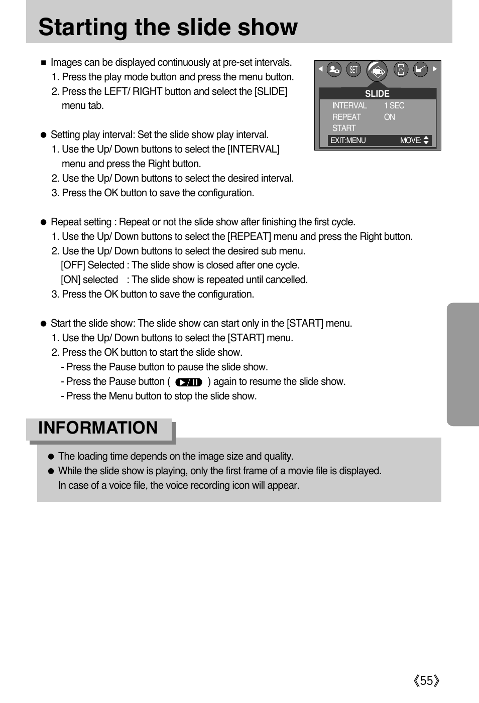 Starting the slide show, Information | Samsung A502 User Manual | Page 55 / 108