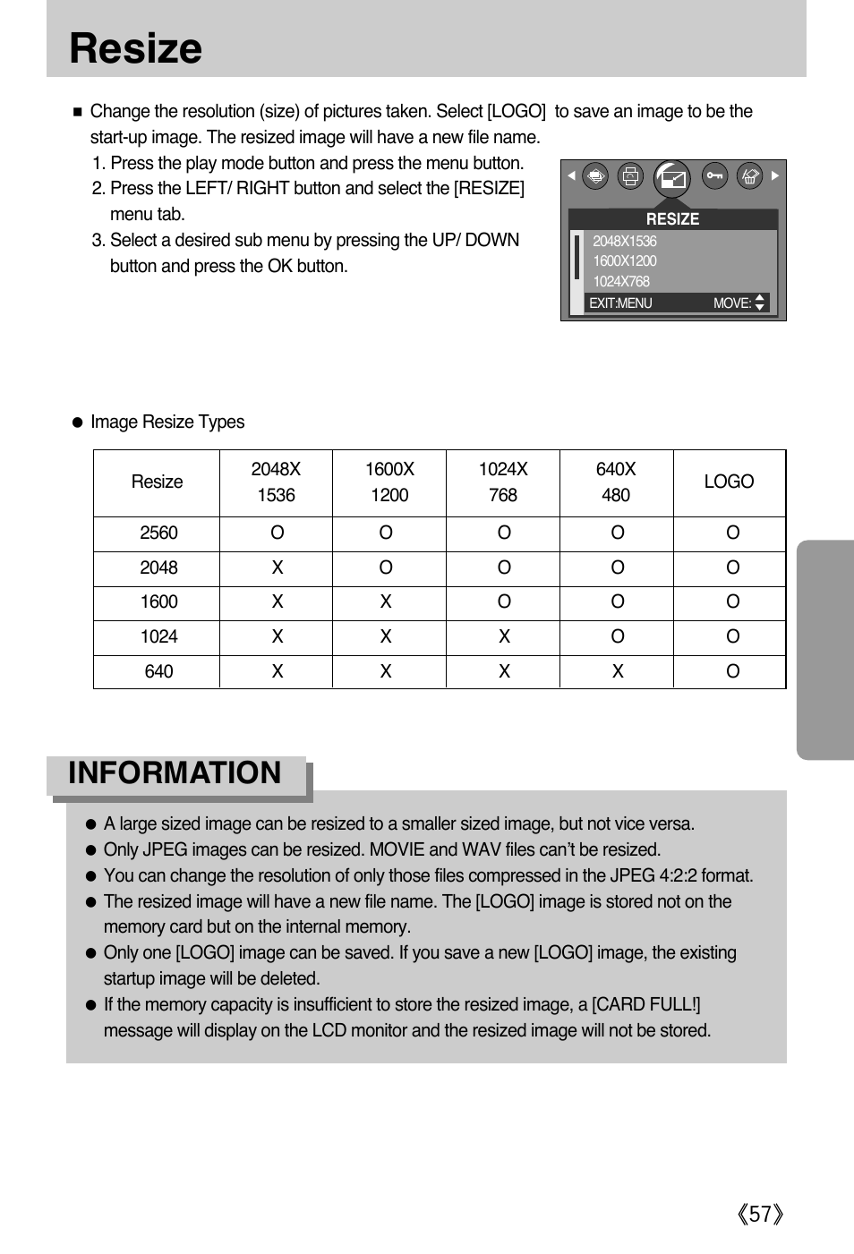 Resize, Information | Samsung A502 User Manual | Page 57 / 108