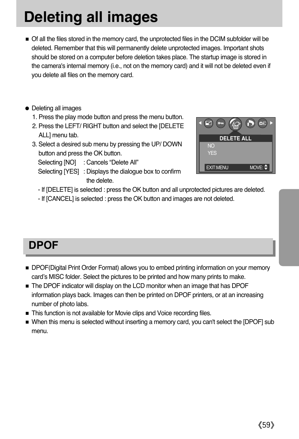 Deleting all images, Dpof | Samsung A502 User Manual | Page 59 / 108