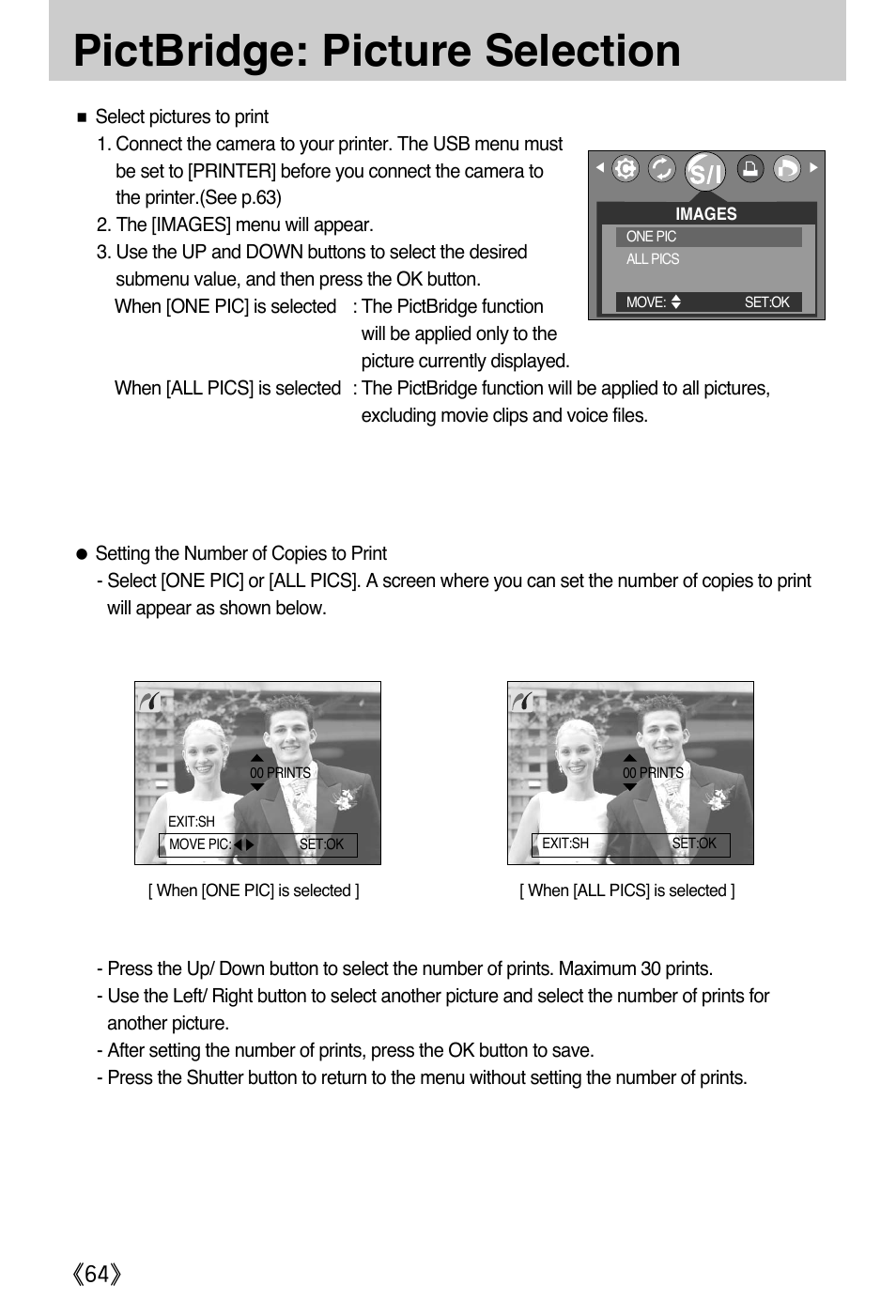 Pictbridge: picture selection | Samsung A502 User Manual | Page 64 / 108