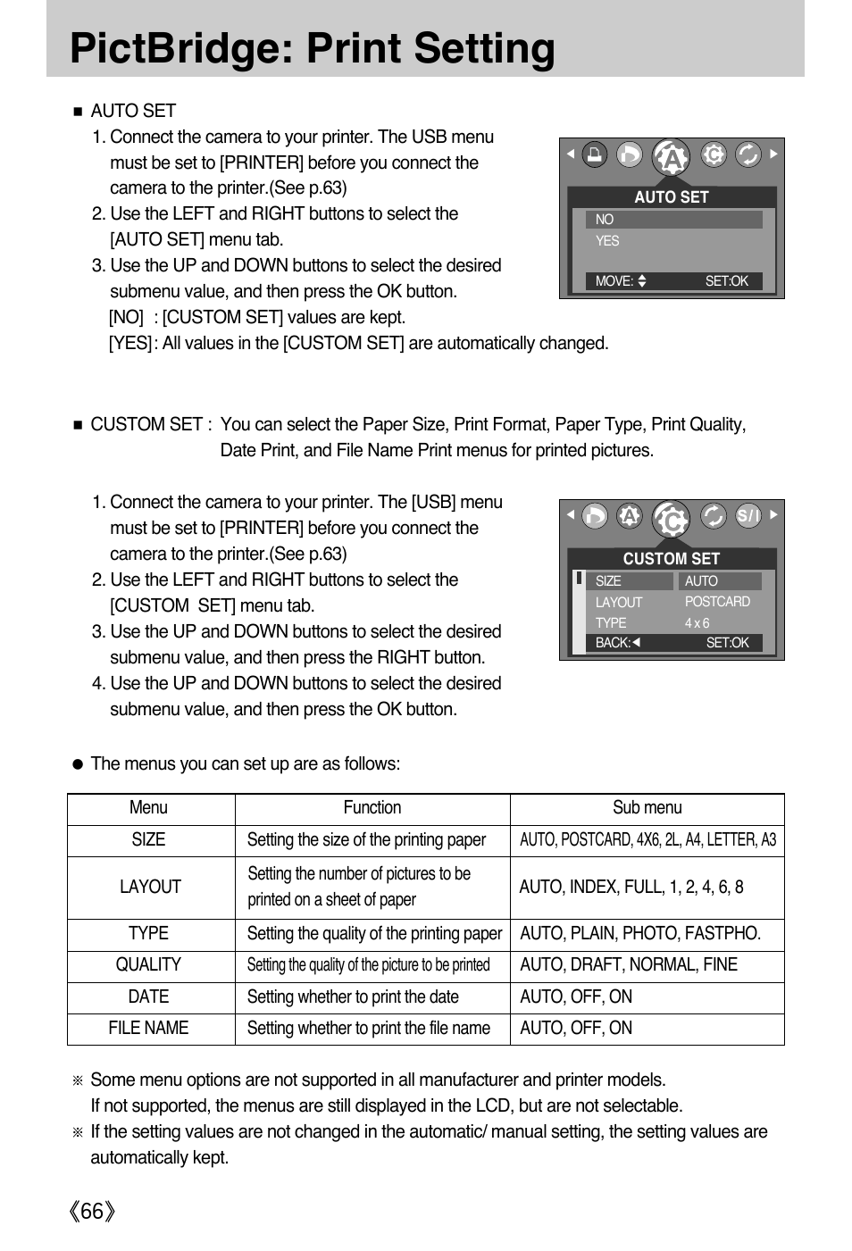 Pictbridge: print setting | Samsung A502 User Manual | Page 66 / 108