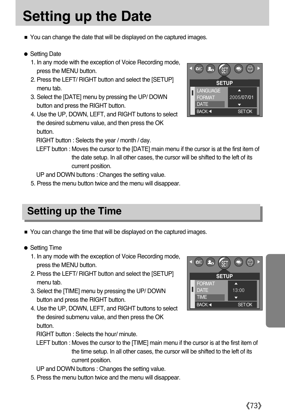 Setting up the date, Setting up the time | Samsung A502 User Manual | Page 73 / 108