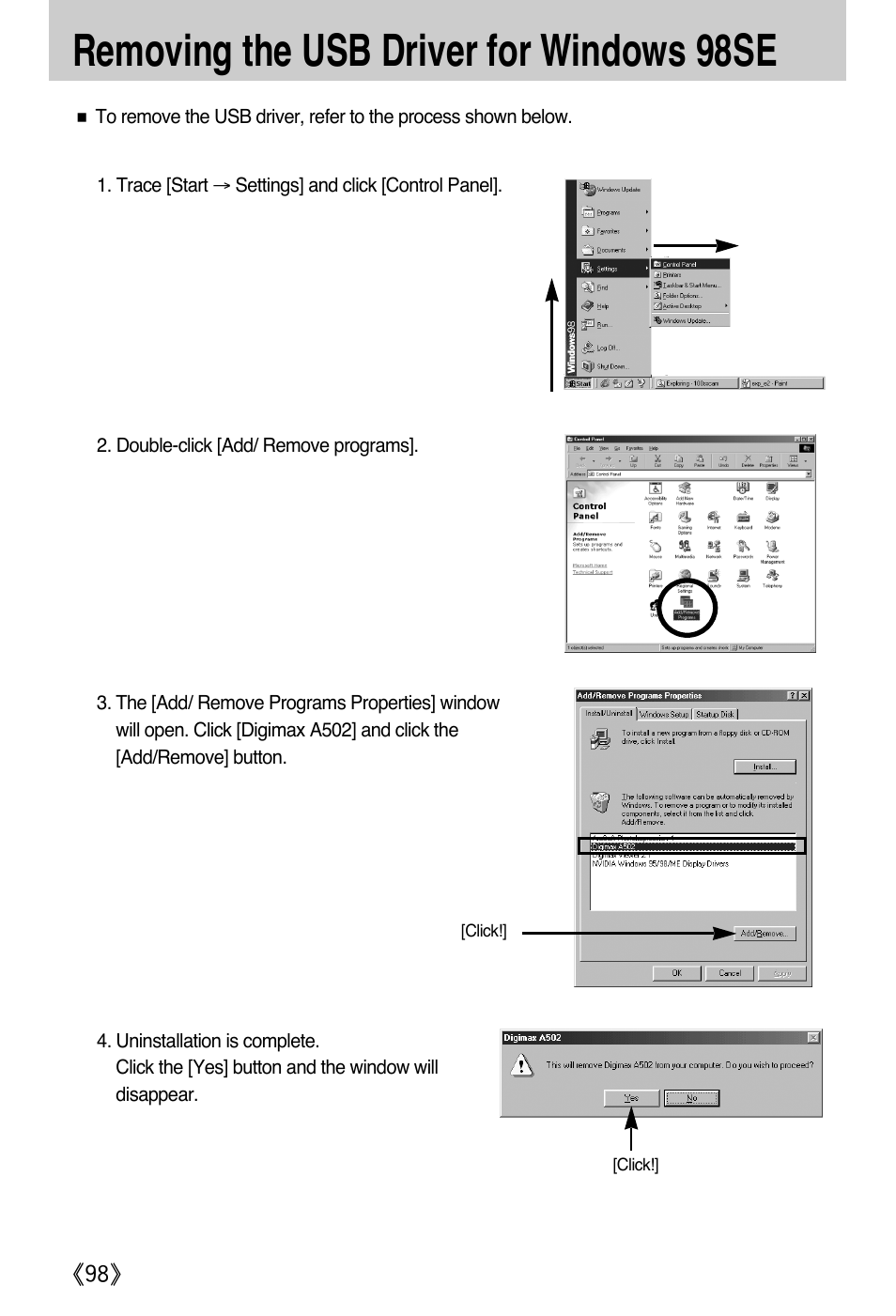 Removing the usb driver for windows 98se | Samsung A502 User Manual | Page 98 / 108