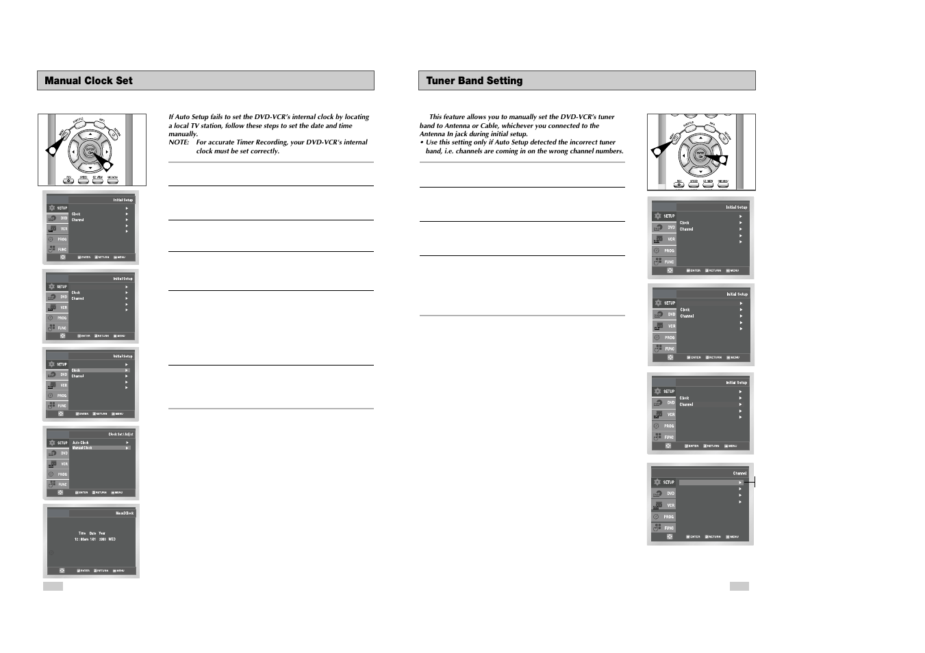 Tuner band setting, Manual clock set | Samsung DVD-V3300 User Manual | Page 10 / 35