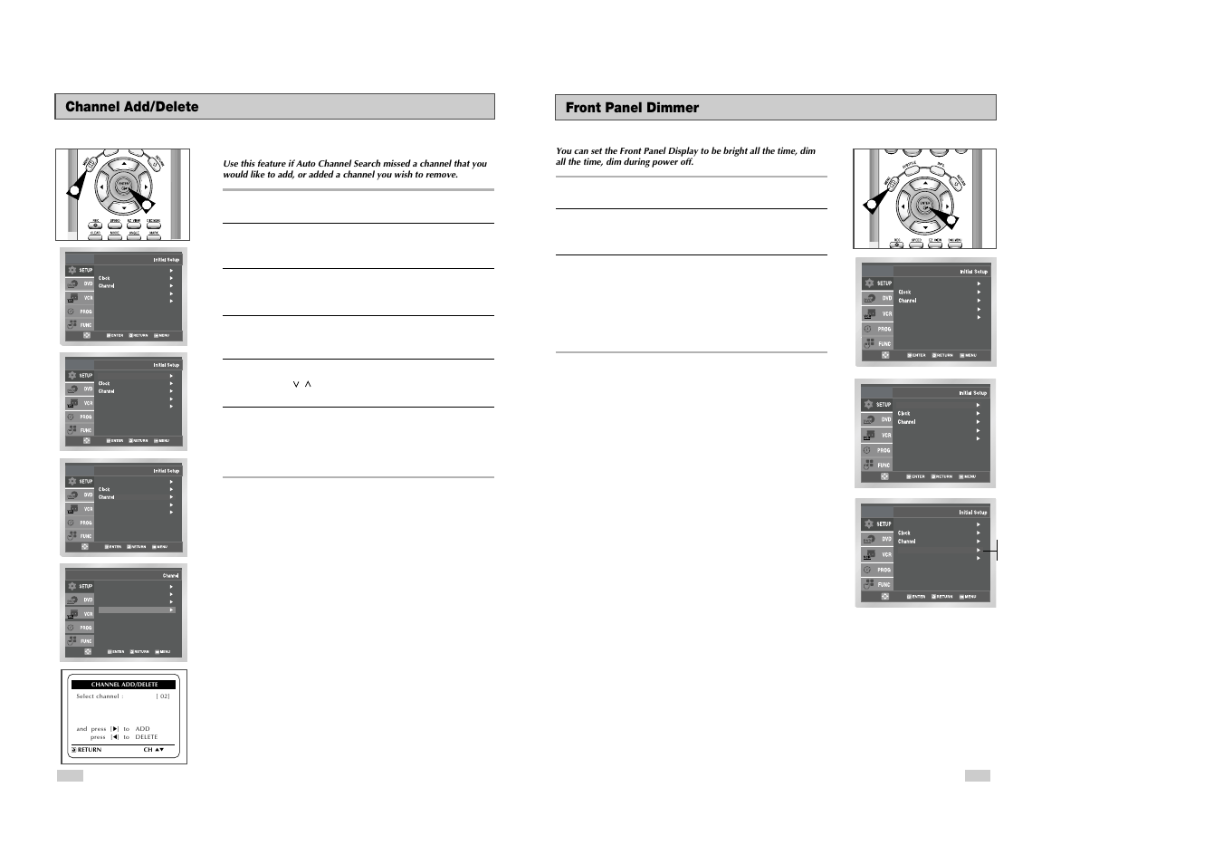 Front panel dimmer, Channel add/delete | Samsung DVD-V3300 User Manual | Page 12 / 35