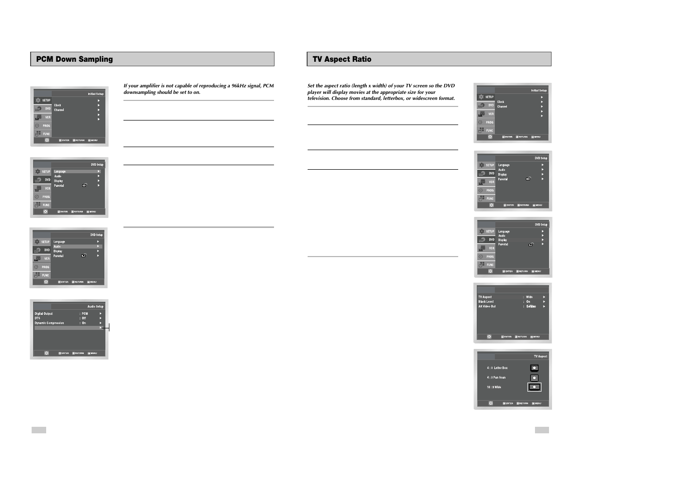 Tv aspect ratio, Pcm down sampling | Samsung DVD-V3300 User Manual | Page 16 / 35