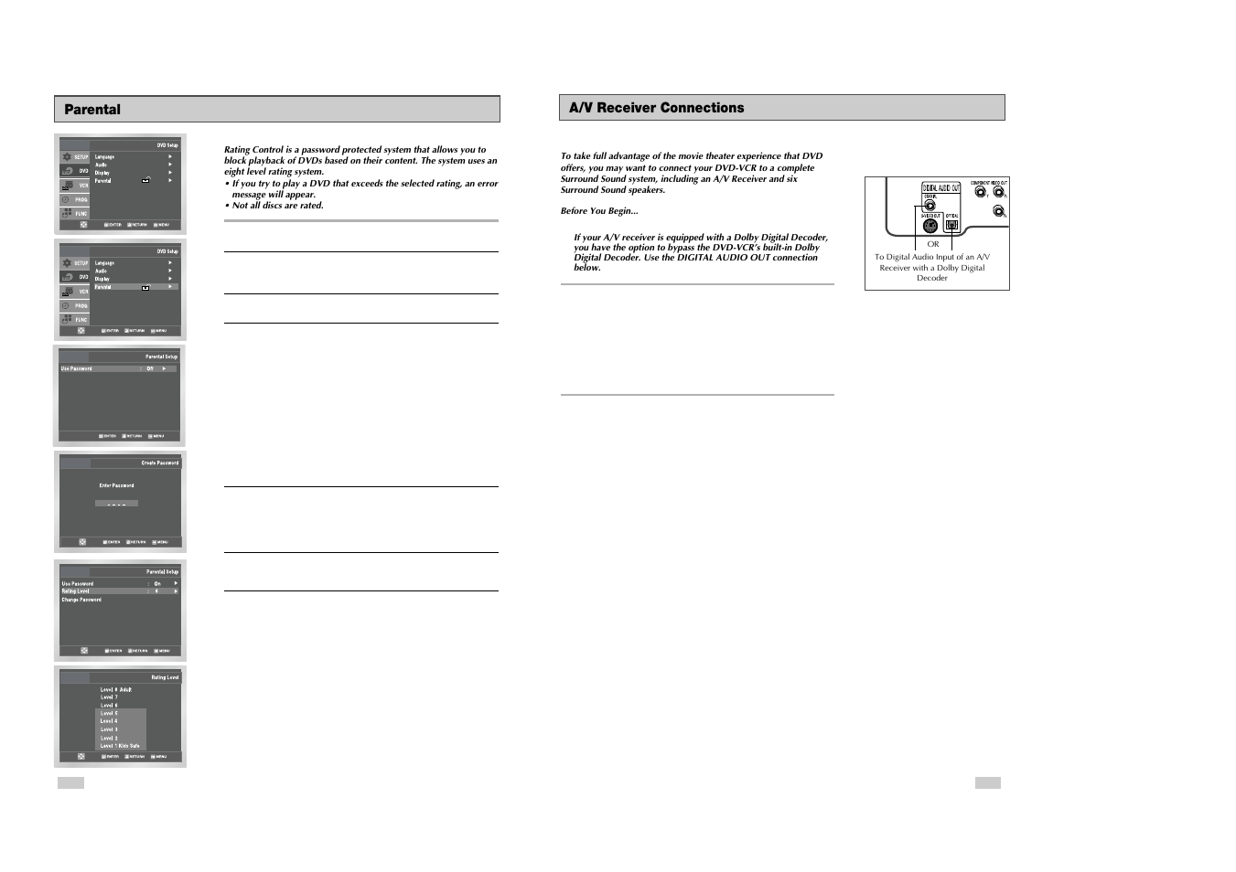 A/v receiver connections, Parental | Samsung DVD-V3300 User Manual | Page 18 / 35