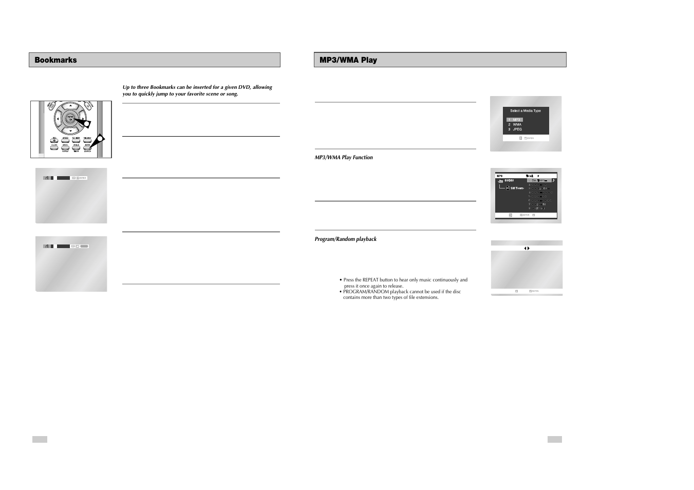 Mp3/wma play, Bookmarks | Samsung DVD-V3300 User Manual | Page 24 / 35