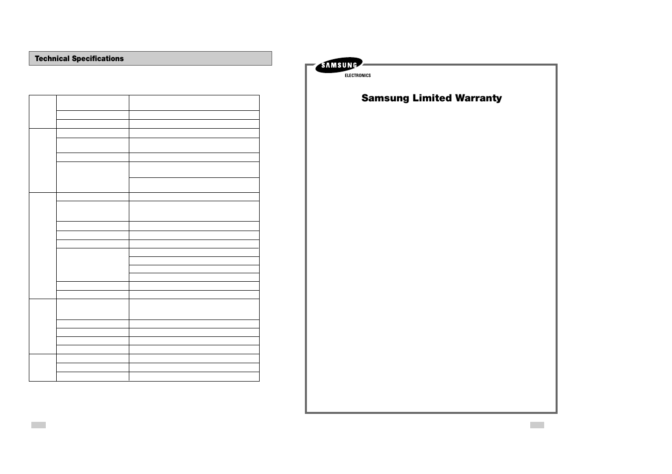 Samsung limited warranty, Technical specifications | Samsung DVD-V3300 User Manual | Page 34 / 35