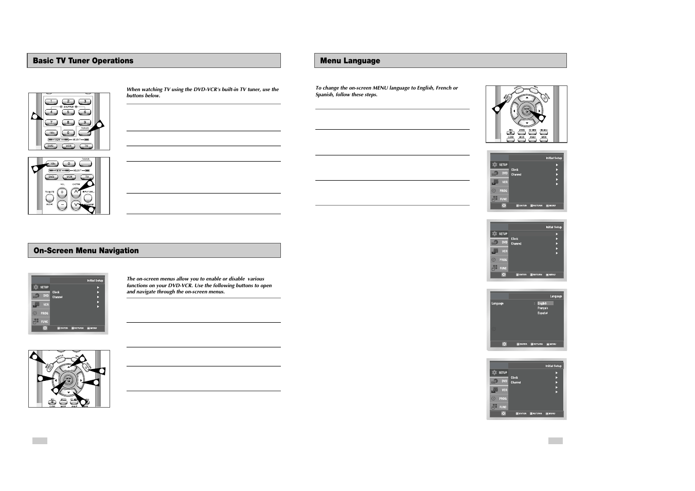 Menu language, Basic tv tuner operations, On-screen menu navigation | Samsung DVD-V3300 User Manual | Page 9 / 35