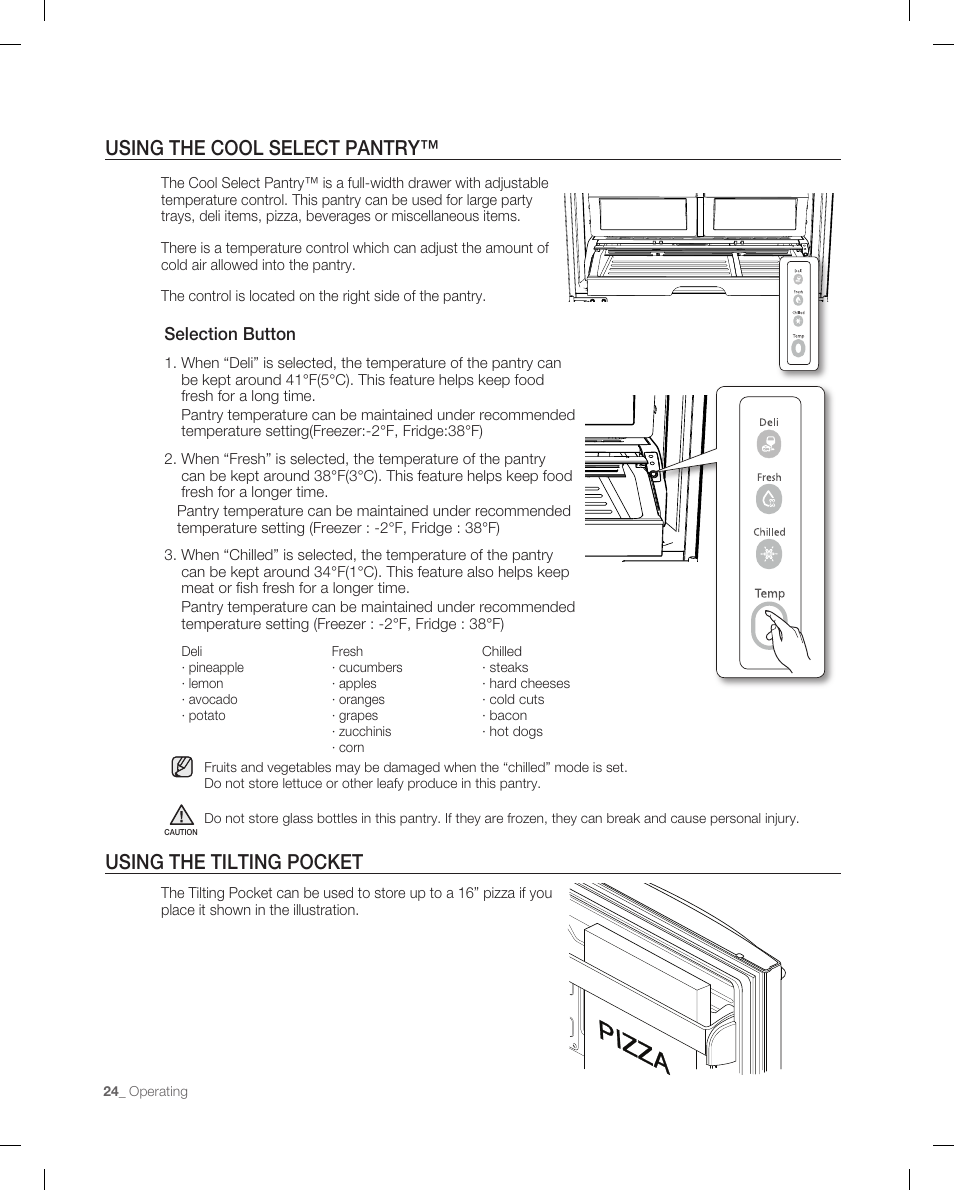 Using the cool select pantry, Using the tilting pocket, Selection button | Samsung RF265AB User Manual | Page 24 / 36