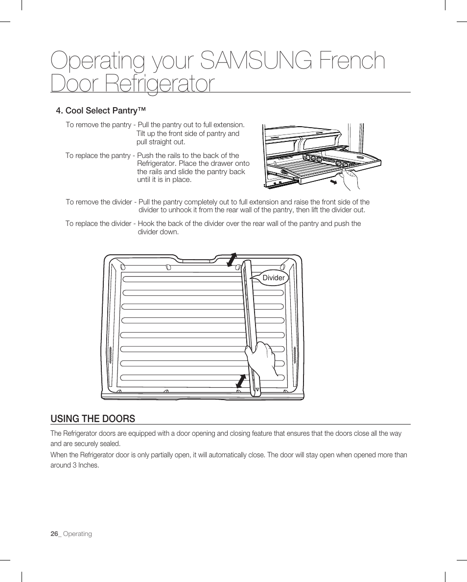 Using the doors, Operating your samsung french door refrigerator | Samsung RF265AB User Manual | Page 26 / 36