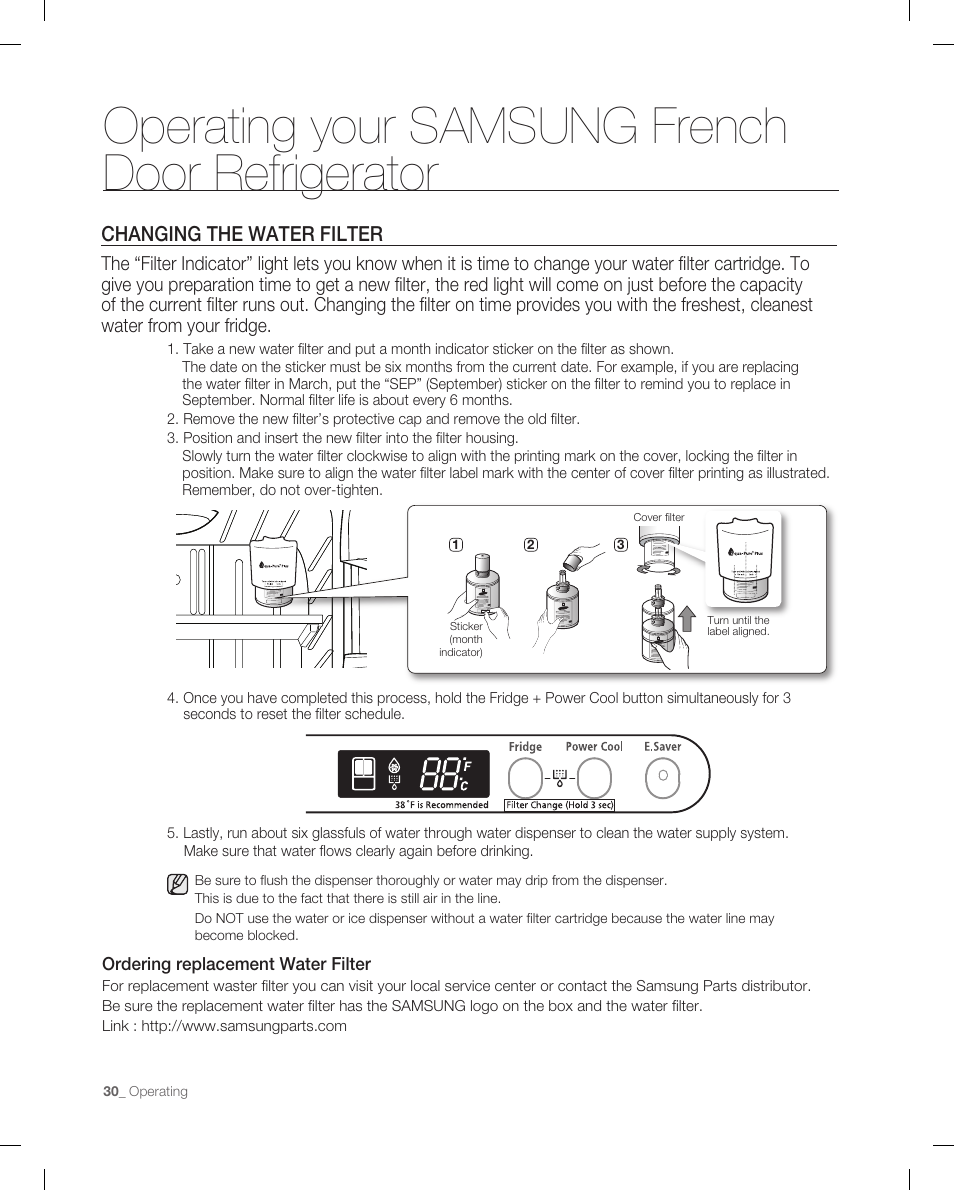 Changing the water filter, Operating your samsung french door refrigerator | Samsung RF265AB User Manual | Page 30 / 36