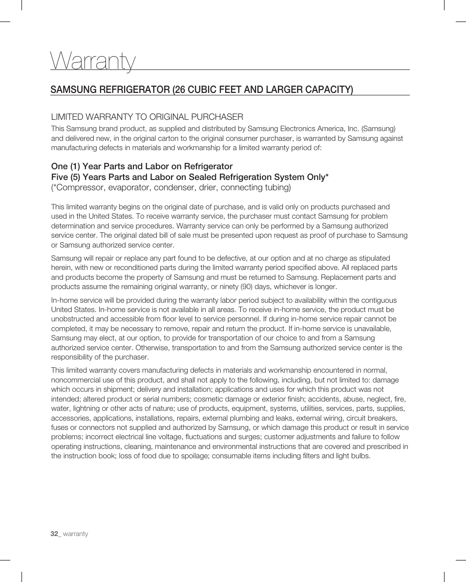 Warranty | Samsung RF265AB User Manual | Page 32 / 36