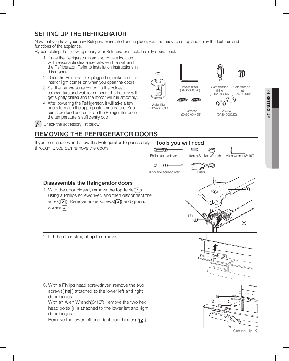 Setting up the refrigerator, Removing the refrigerator doors, Disassemble the refrigerator doors | Tools you will need | Samsung RF265AB User Manual | Page 9 / 36