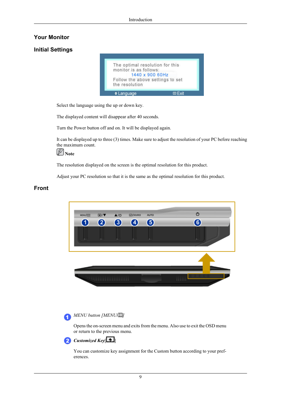 Your monitor, Initial settings, Front | Samsung SyncMaster 953BW User Manual | Page 10 / 64