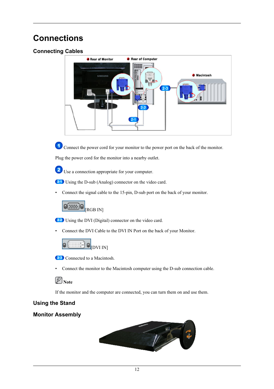 Connections, Connecting cables, Using the stand | Monitor assembly | Samsung SyncMaster 953BW User Manual | Page 13 / 64