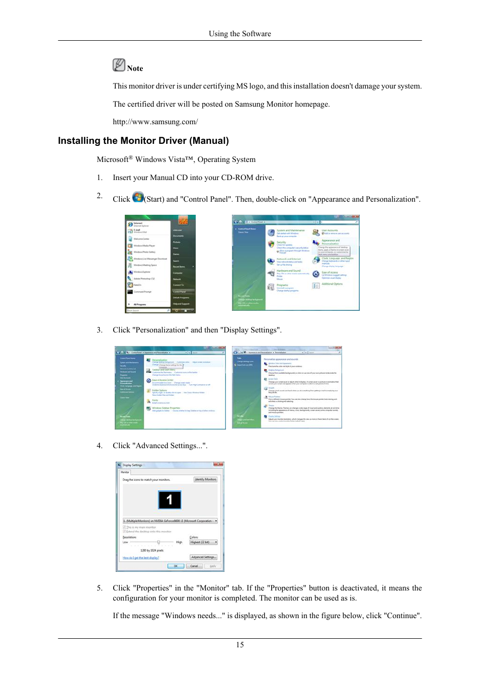 Installing the monitor driver (manual) | Samsung SyncMaster 953BW User Manual | Page 16 / 64