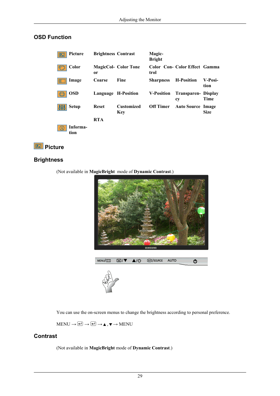 Osd function, Picture, Brightness | Contrast | Samsung SyncMaster 953BW User Manual | Page 30 / 64