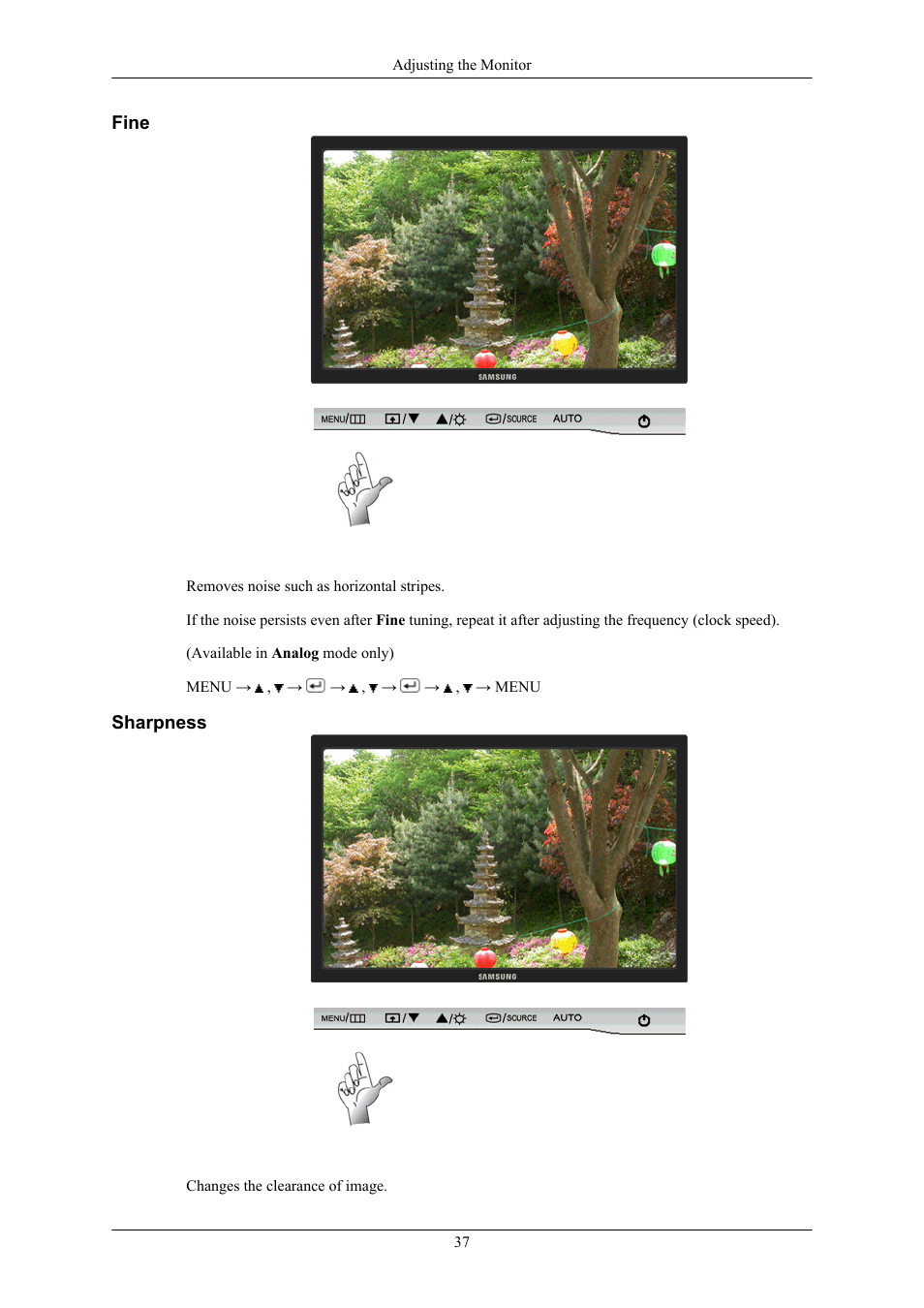 Fine, Sharpness | Samsung SyncMaster 953BW User Manual | Page 38 / 64