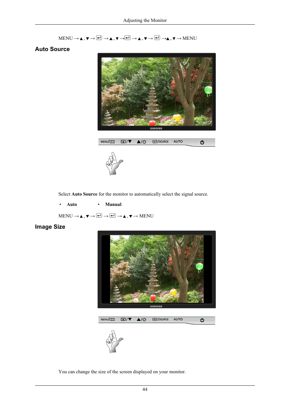 Auto source, Image size | Samsung SyncMaster 953BW User Manual | Page 45 / 64