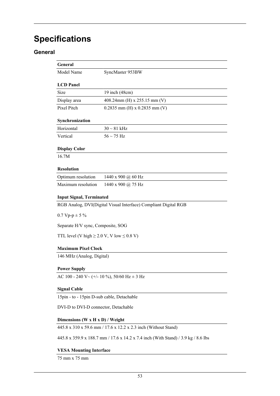 Specifications, General | Samsung SyncMaster 953BW User Manual | Page 54 / 64