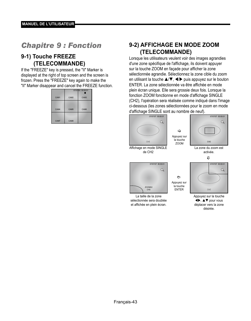 Chapitre 9 : fonction, 1) touche freeze (telecommande), 2) affichage en mode zoom (telecommande) | Français | Samsung SMT-190Dx User Manual | Page 111 / 354