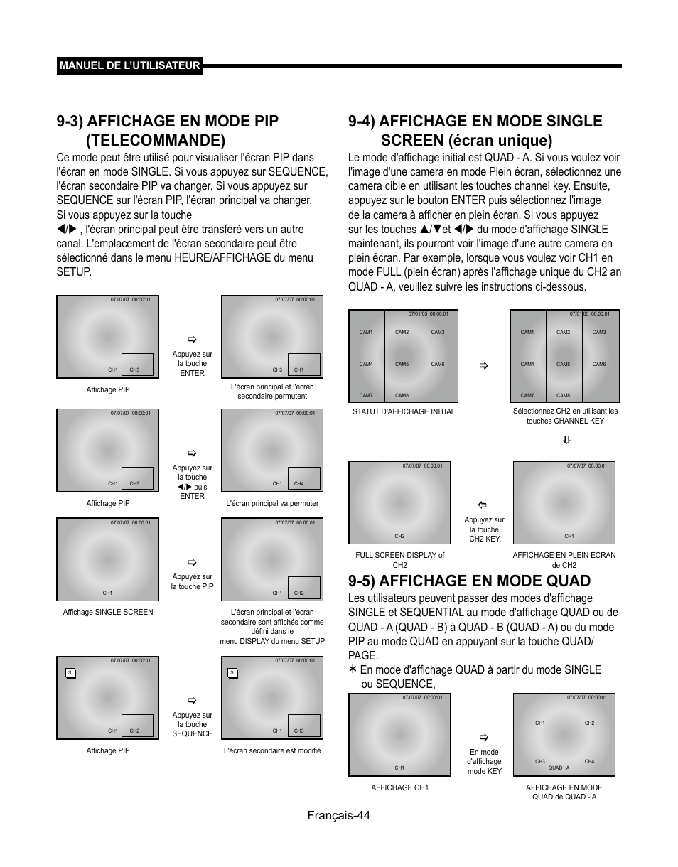 3) affichage en mode pip (telecommande), 4) affichage en mode single screen (écran unique), 5) affichage en mode quad | Français, Manuel de l’utilisateur | Samsung SMT-190Dx User Manual | Page 112 / 354