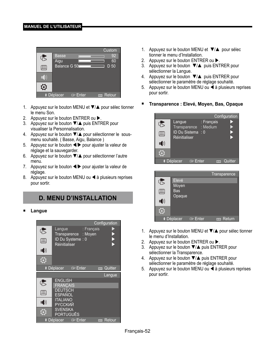 D. menu d’installation | Samsung SMT-190Dx User Manual | Page 120 / 354