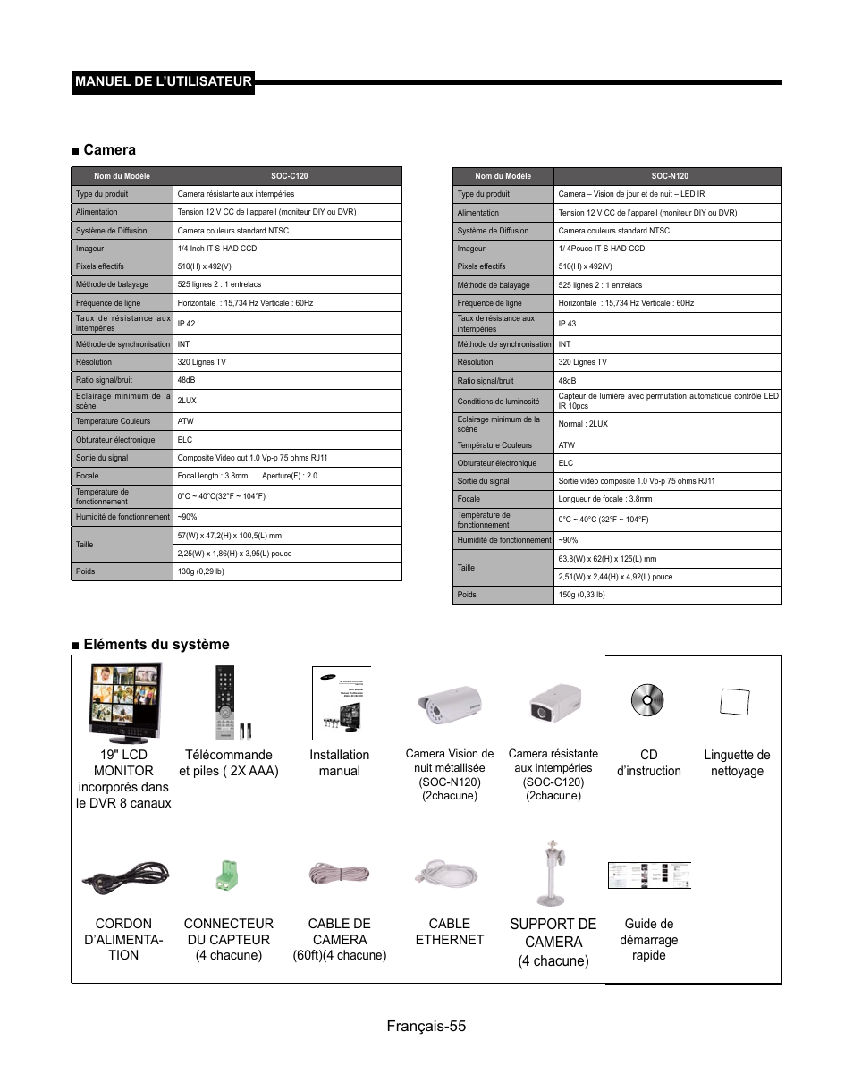 Français-55 ■ camera, Eléments du système, Support de camera (4 chacune) | Manuel de l’utilisateur, 19" lcd monitor, Guide de démarrage rapide | Samsung SMT-190Dx User Manual | Page 123 / 354