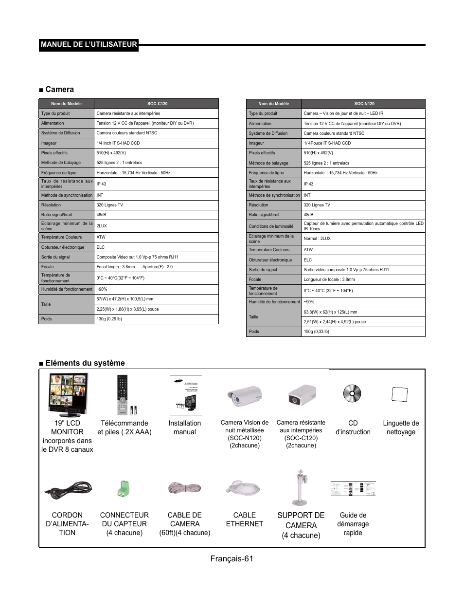 Français-61 ■ camera, Eléments du système, Support de camera (4 chacune) | Manuel de l’utilisateur, 19" lcd monitor, Guide de démarrage rapide | Samsung SMT-190Dx User Manual | Page 129 / 354