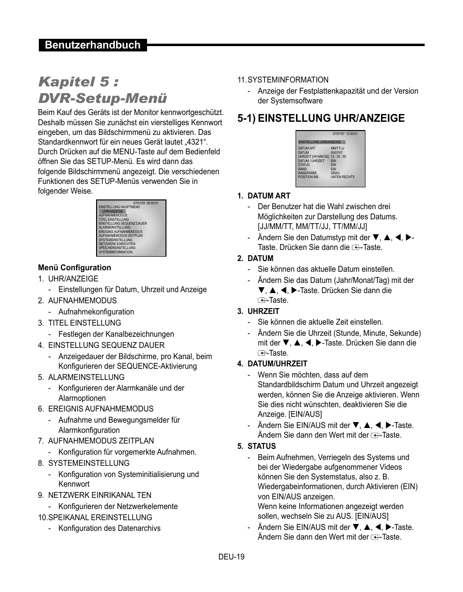 Kapitel 5 : dvr-setup-menü, Benutzerhandbuch, 1) einstellung uhr/anzeige | Samsung SMT-190Dx User Manual | Page 155 / 354