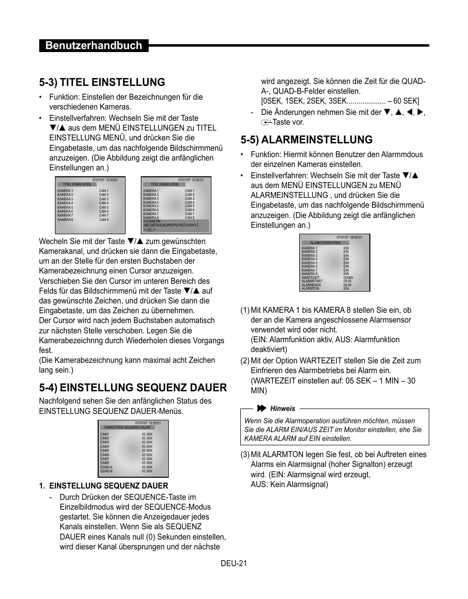 Benutzerhandbuch 5-3) titel einstellung, 4) einstellung sequenz dauer, 5) alarmeinstellung | Deu-1 | Samsung SMT-190Dx User Manual | Page 157 / 354