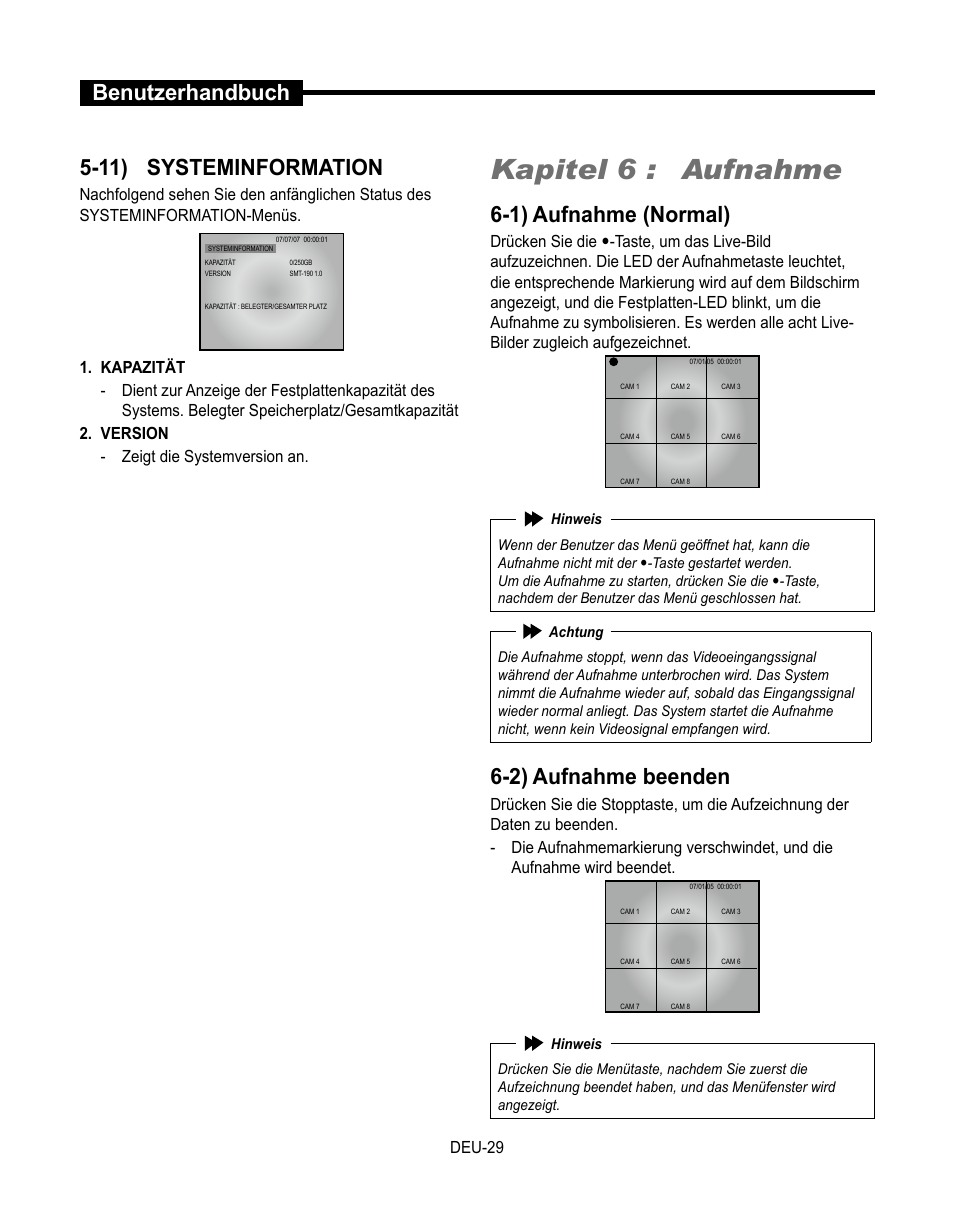 Kapitel 6 : aufnahme, Benutzerhandbuch 5-11) systeminformation, 1) aufnahme (normal) | 2) aufnahme beenden, Deu-9 | Samsung SMT-190Dx User Manual | Page 165 / 354