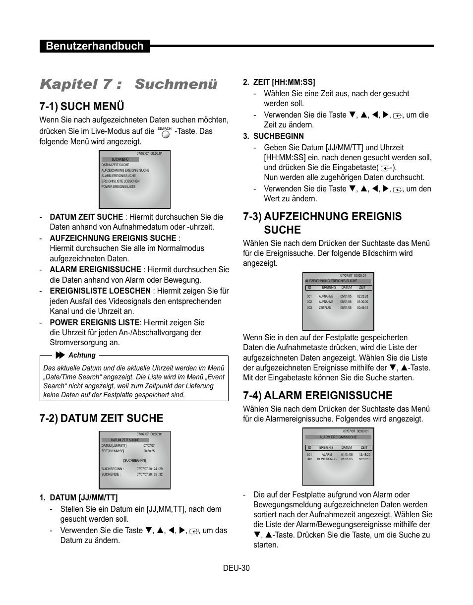 Kapitel 7 : suchmenü, Benutzerhandbuch, 1) such menü | 2) datum zeit suche, 3) aufzeichnung ereignis suche, 4) alarm ereignissuche, Deu-0 | Samsung SMT-190Dx User Manual | Page 166 / 354