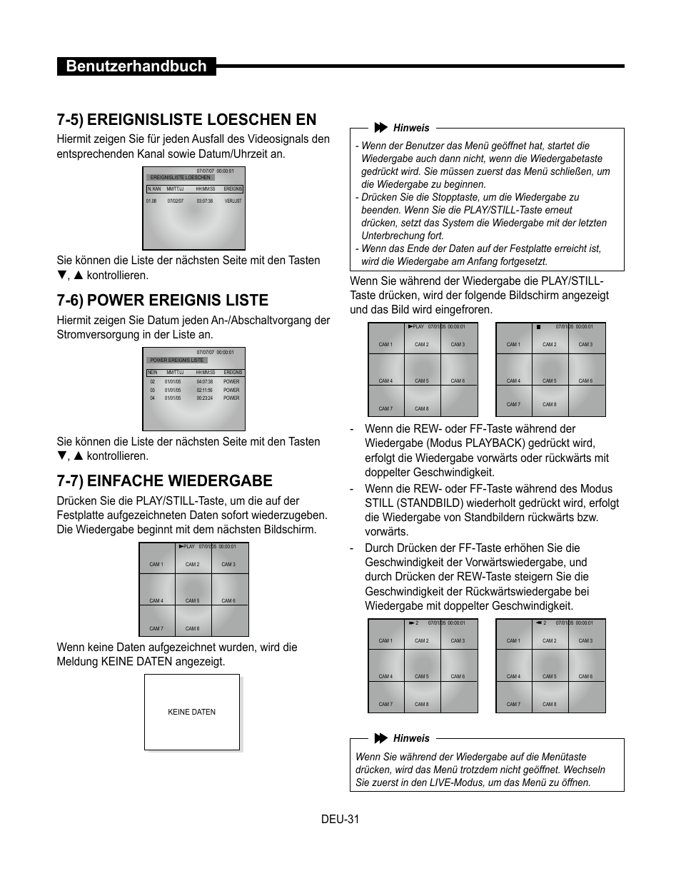 Benutzerhandbuch 7-5) ereignisliste loeschen en, 6) power ereignis liste, 7) einfache wiedergabe | Deu-1 | Samsung SMT-190Dx User Manual | Page 167 / 354