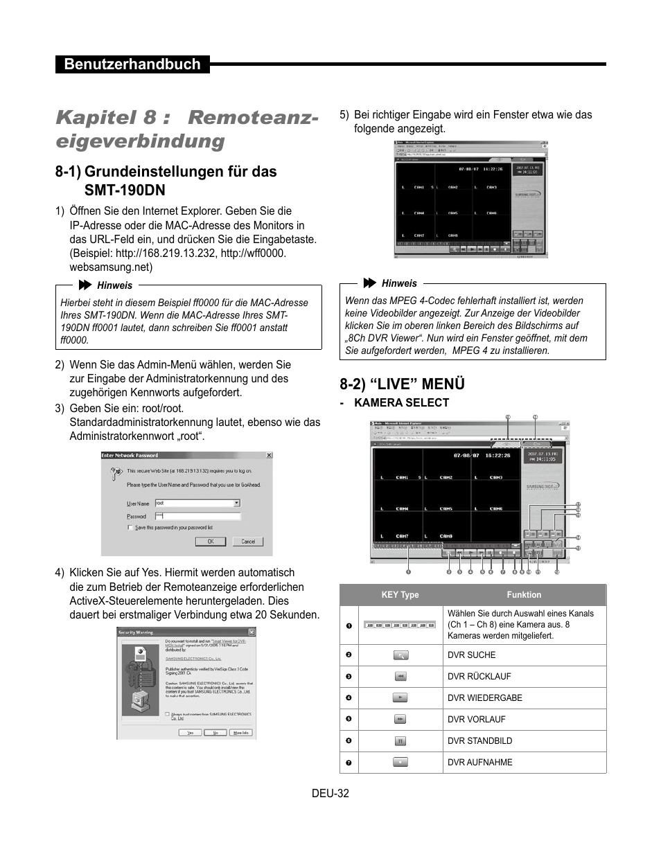 Kapitel 8 : remoteanz- eigeverbindung, Benutzerhandbuch, 1) grundeinstellungen für das smt-190dn | 2) “live” menü | Samsung SMT-190Dx User Manual | Page 168 / 354